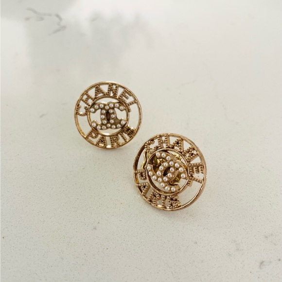 Upcycled Jewelry - Luxury Gold/Faux Pearl Logo Repurposed Button Earring 25mm